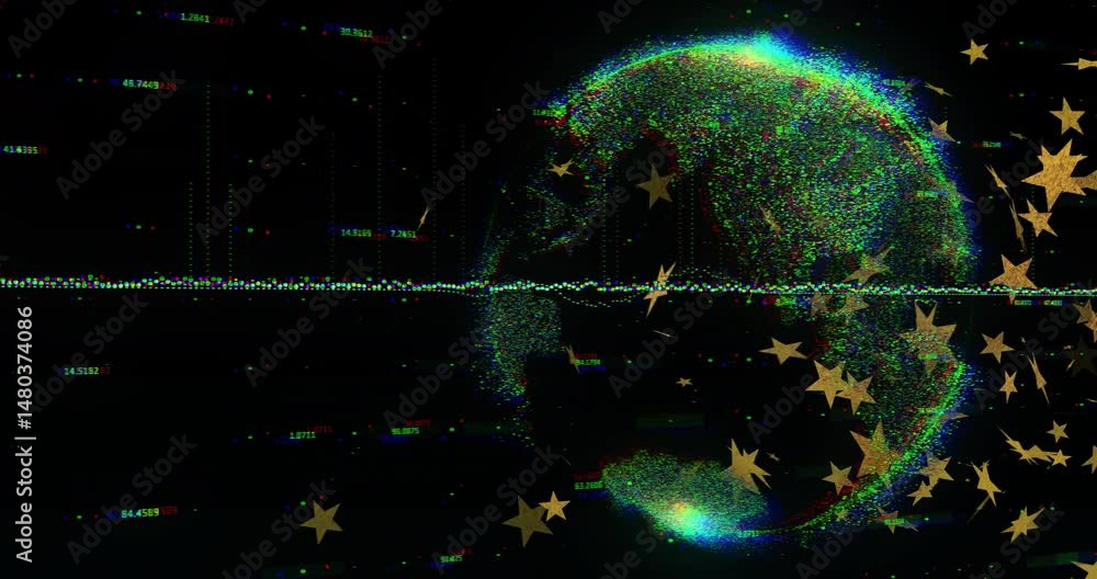 Poster glitching multicolor data globe spinning, showing scan-line dots and floating numeric readouts