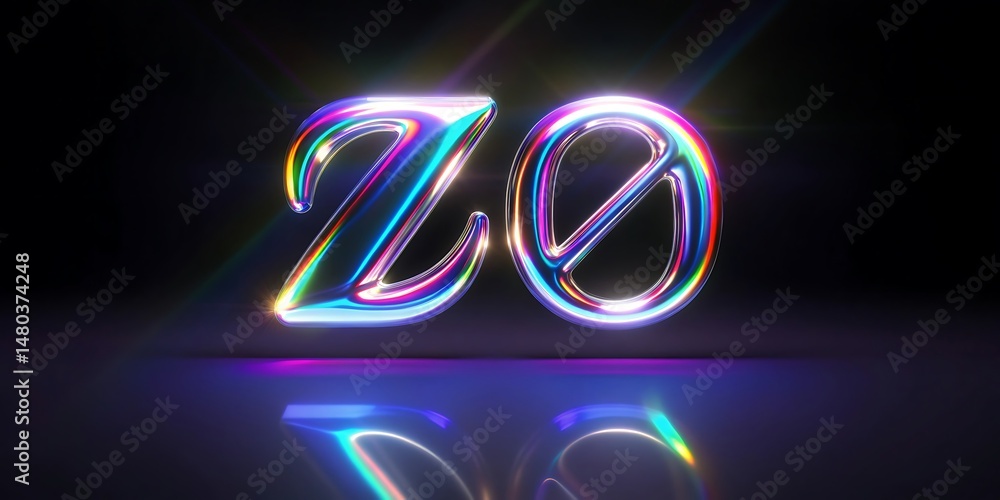 Poster Iridescent Chrome Letters Z and O on Dark Background with Reflections