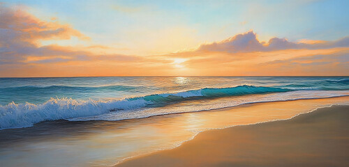 Fototapeta premium Golden Sunset Over Tranquil Ocean with Gentle Waves and Sandy Beach