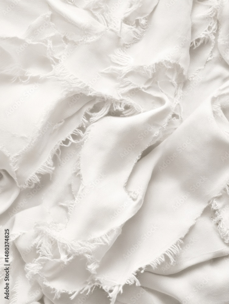 Poster close-up of ruffled white fabric with frayed edges in soft light, studio shot for texture and backgr