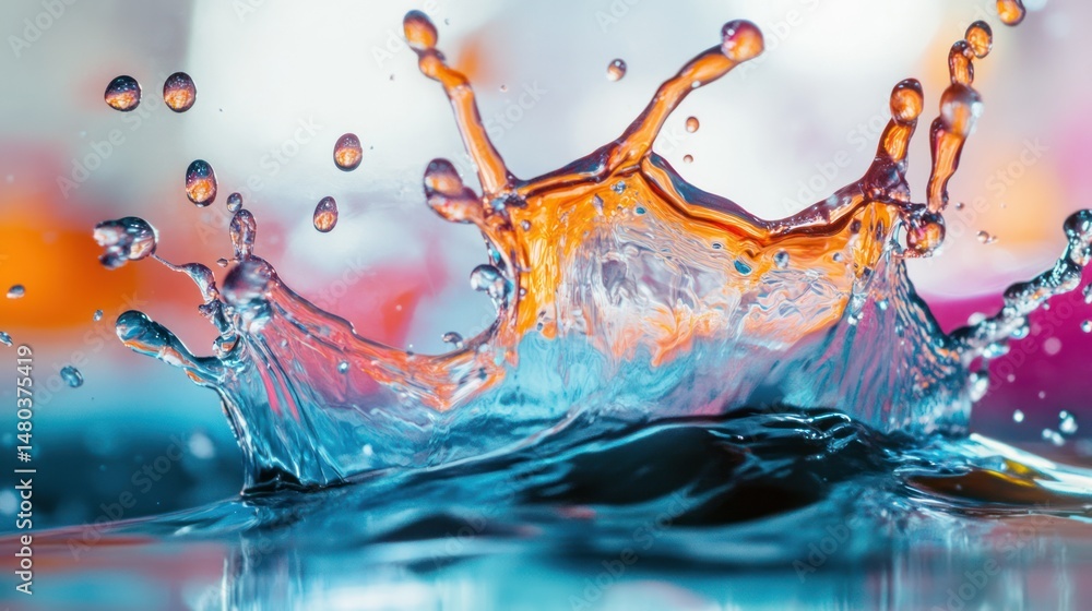 Poster Dynamic multicolored liquid splash creating captivating crown-like shape