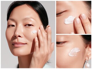 an Asian woman applying cream to her face, featuring delicate skin texture