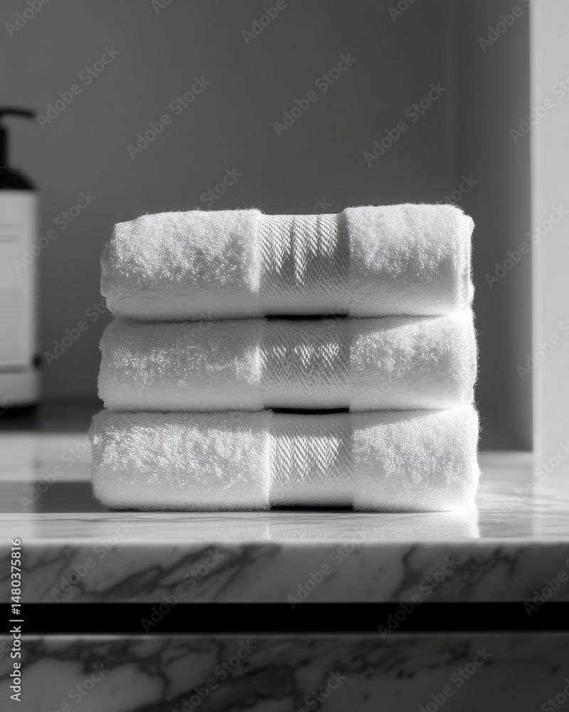 Poster stack of fluffy white towels on a marble surface, creating a calm and serene atmosphere.