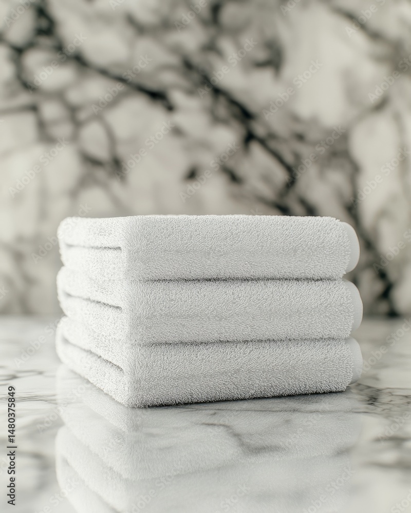 Poster a neat stack of plush white towels on a marble surface, creating a serene and clean aesthetic.