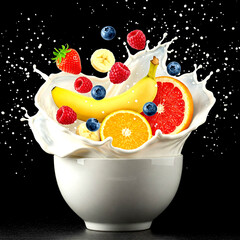 Vibrant Citrus Fruit Bowl with Oranges, Lemons, and Limes &ndash; Fresh Splash Against Black Background