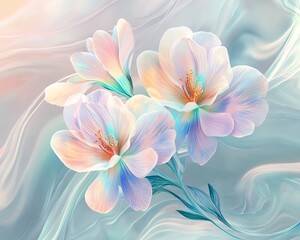 Dreamy pastel flowers with swirling shapes, iridescent texture, sticker pack design