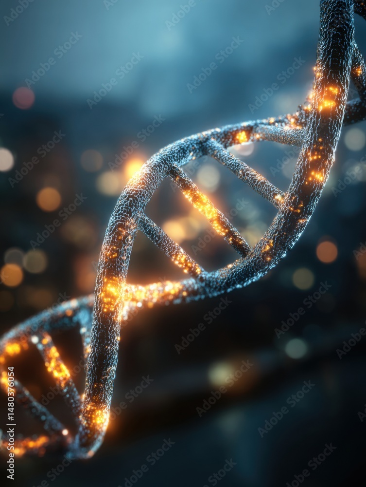 Aufkleber dna molecule structure close up macro view with glowing lights for science and medical research conc
