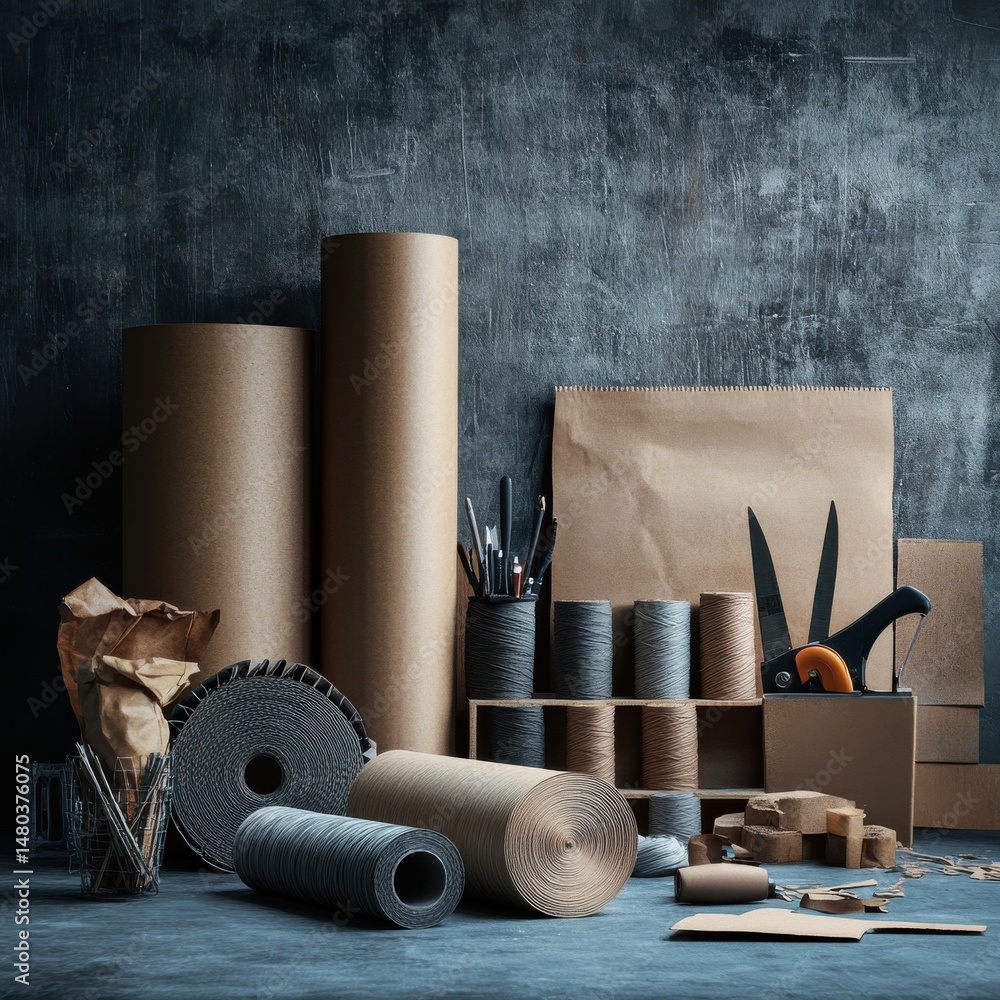 Poster creative workspace featuring various crafting materials and tools on a textured dark surface.