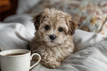 Un cachorro tierno acurrucado en una cama con una taza de café.