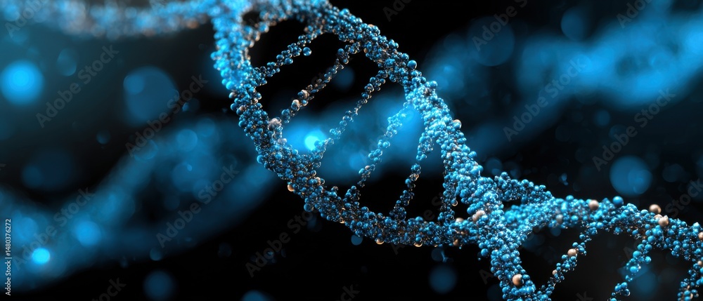 Aufkleber close up of dna molecule structure showing genetic code and helix strand in blue tones on black back