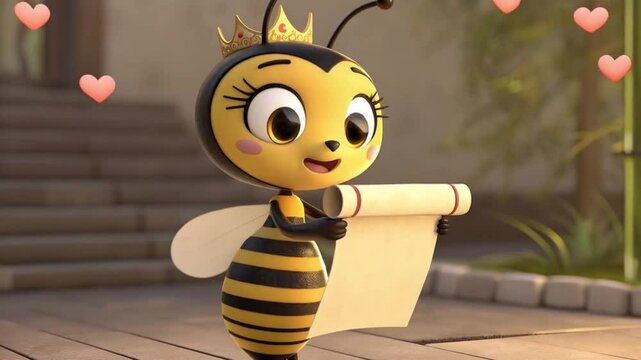 Cartoon queen bee giving speech with crown and scroll in royal hall scene