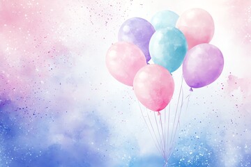 Gender reveal card design, floating pastel balloons, gentle watercolor splashes, magical tone