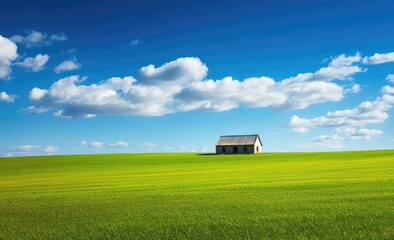 Isolated farmhouse in a vibrant green field under a vast, blue sky
