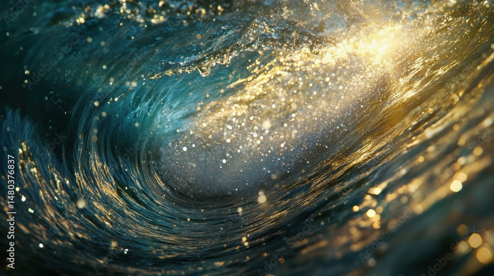 Poster a mesmerizing close-up of ocean waves glistening with sunlight, creating a magical and dynamic atmos