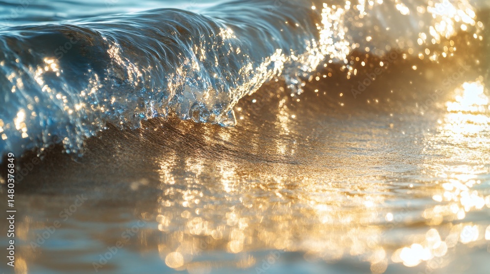 Poster a mesmerizing close-up of ocean waves sparkling under sunlight, creating a tranquil beach atmosphere