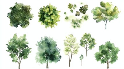 Fototapeta premium green grass isolated on white background, Set of watercolor tree top view for landscape plan and architecture layout