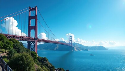 Naklejka premium Sky blue suspension bridge soaring over a scenic landscape , structure, horizon