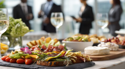 Obraz premium Elegant business networking event with appetizers & drinks on a table