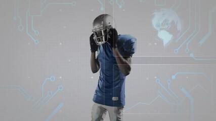 Football player adjusting helmet on digital grid backdrop, displaying technology globe graphic - Powered by Adobe