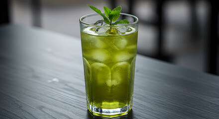 Refreshing Green Iced Drink With Fresh Mint On A Wooden Surface