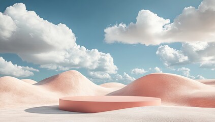 Peach platform on pastel dunes under a bright sky