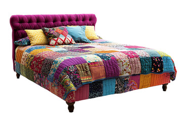 Colorful bed with patchwork quilt and vibrant pillows on tufted headboard