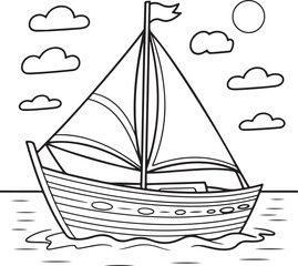 Coloring page sailboat sailing on the open sea under the bright sun with seagulls flying in the sky.