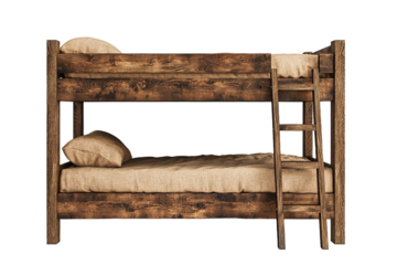 Cozy wooden bunk bed with ladder and beige bedding isolated on transparency background