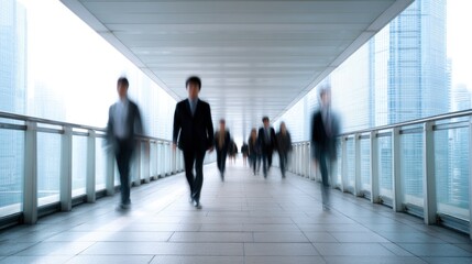 Fototapeta premium Business People Walking Fast on Elevated Walkway to City Buildings