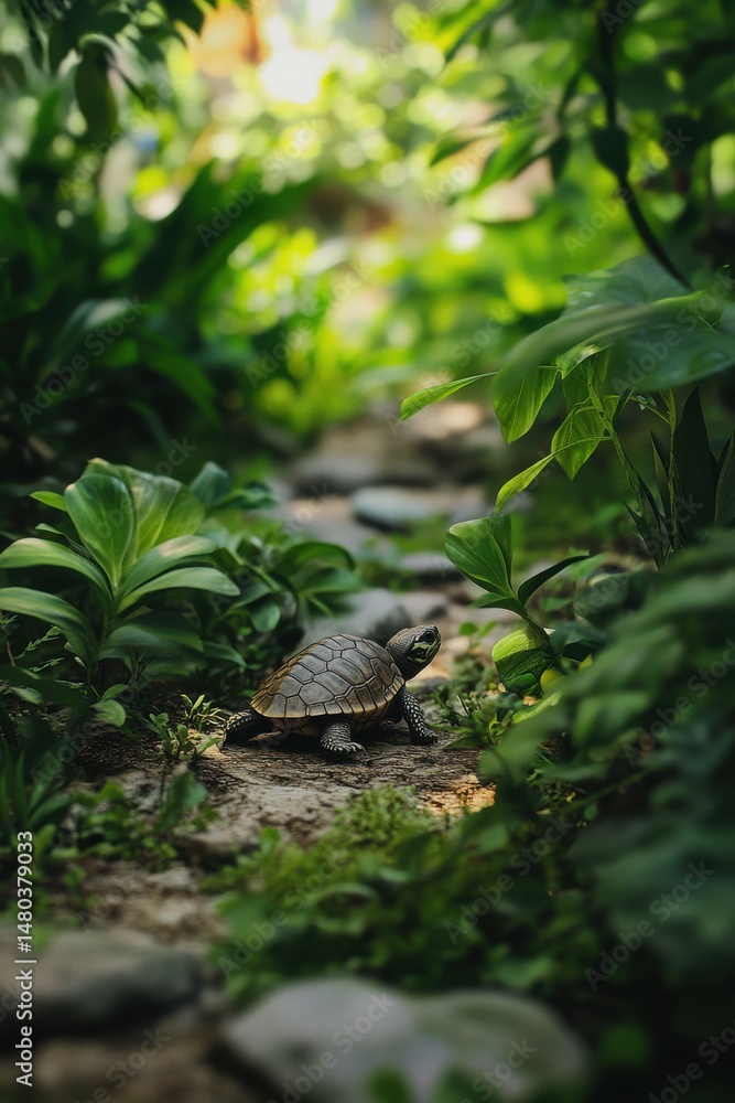 Poster a small turtle navigating through lush greenery in a tranquil garden.