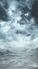 Dramatic seascape of stormy ocean waves under ominous sky; wide angle view of turbulent water and dark clouds