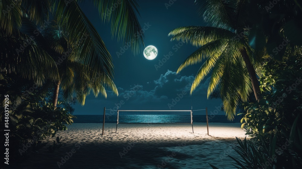 Poster serene beach at night with a volleyball net under a full moon and palm trees swaying gently in the b