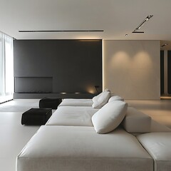 Bright and airy living room with white sectional sofa, modern decor, clean lines, and plenty of natural light.