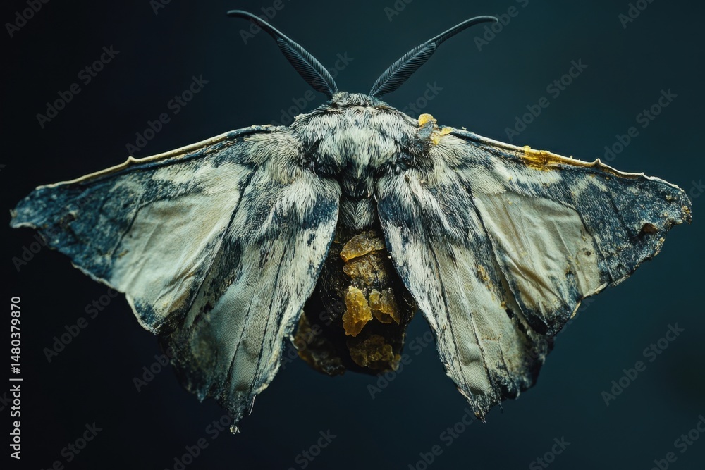 Poster close-up of a poplar hawk-moth with open wings showing patterned texture in studio setting with dark