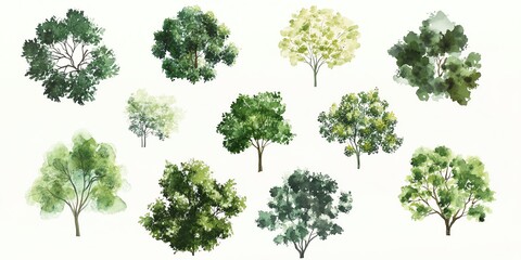 Watercolor tree canopy collection from topdown view, detailed textures, soft outlines