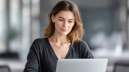 Woman Working on Laptop in Office Setting, Focused and Calm