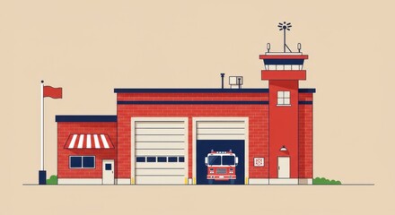 Modern Red Brick Fire Station Building Illustration