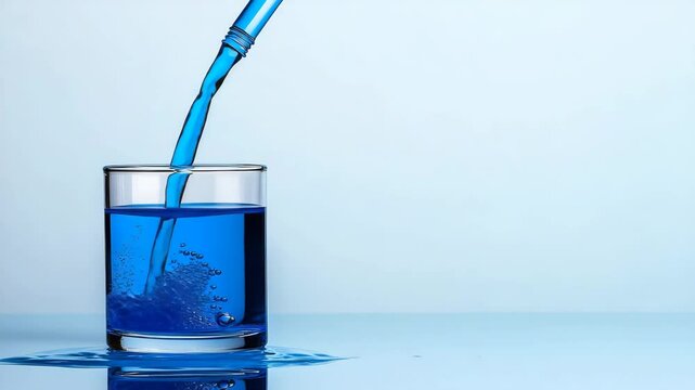 Liquid Alchemy: A vibrant stream of cerulean elixir cascades into a clear glass, a visual symphony of freshness and clarity. Capture the mesmerizing dance of liquid motion.