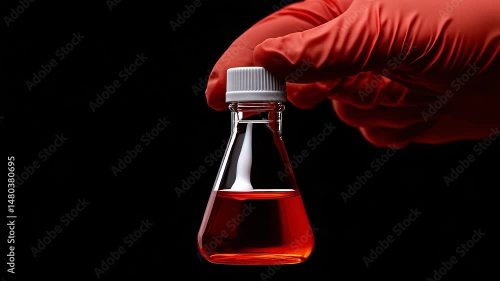 Poster laboratory flask with orange liquid: a gloved hand delicately holds a laboratory flask containing an