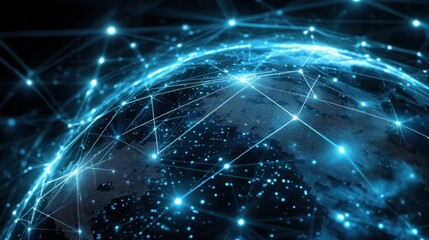 Obraz premium Global network connection visualizes data transfer, internet communication, and digital technology. Worldwide business network concept with glowing nodes and lines.