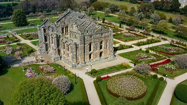 Dramatic Ruins of Jumi?ges Abbey Surrounded by Lush Floral Gardens in Springtime
