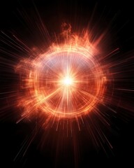 Obraz premium Fiery supernova explosion with radial light rays and glowing plasma on a dark background abstract illustration