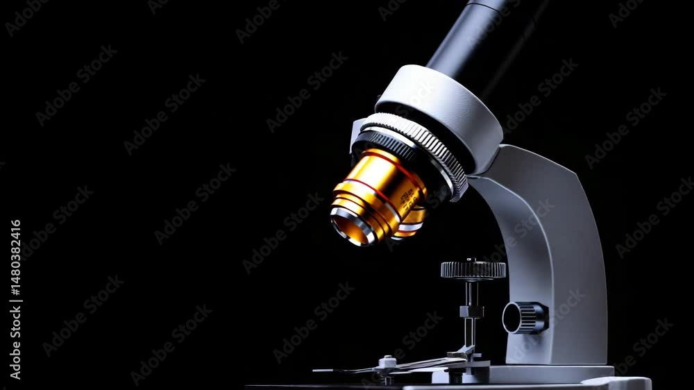 Poster illuminating science: a sleek microscope stands poised, its objective lens gleaming with precision a