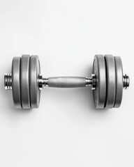 Naklejka premium A silver adjustable dumbbell with a textured grip on a clean, light background.