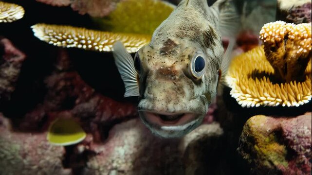 Close-up view of freckled toadfish surrounded by soft corals and reefs in its natural ocean ecosystem habitat.