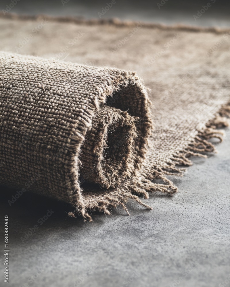 Aufkleber textured burlap roll on a concrete surface, adding rustic charm to any decor.