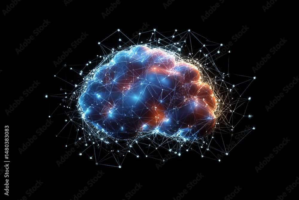 Poster connected brain network concept with glowing nodes and lines on black background
