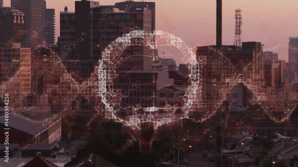 Poster glowing brain mesh overlay floating over dusk skyline, highlighting hexagonal nodes, antennas