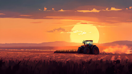 Fototapeta premium A tractor plows a field during a sunset with an orange sky.