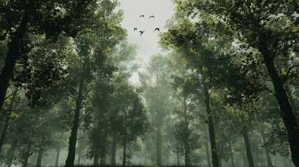 Obraz premium An ultra-realistic portrayal of a tranquil green forest, where towering trees stretch toward the sky and dappled sunlight gently filters through the canopy. Mist lingers in the distance, while birds g